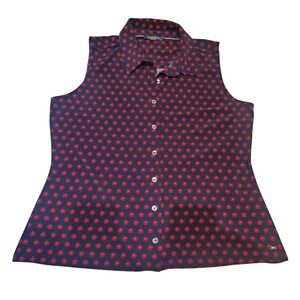 Tommy Hilfiger Womens Sleeveless Button Down Shirt Navy Red Floral Medallion L
